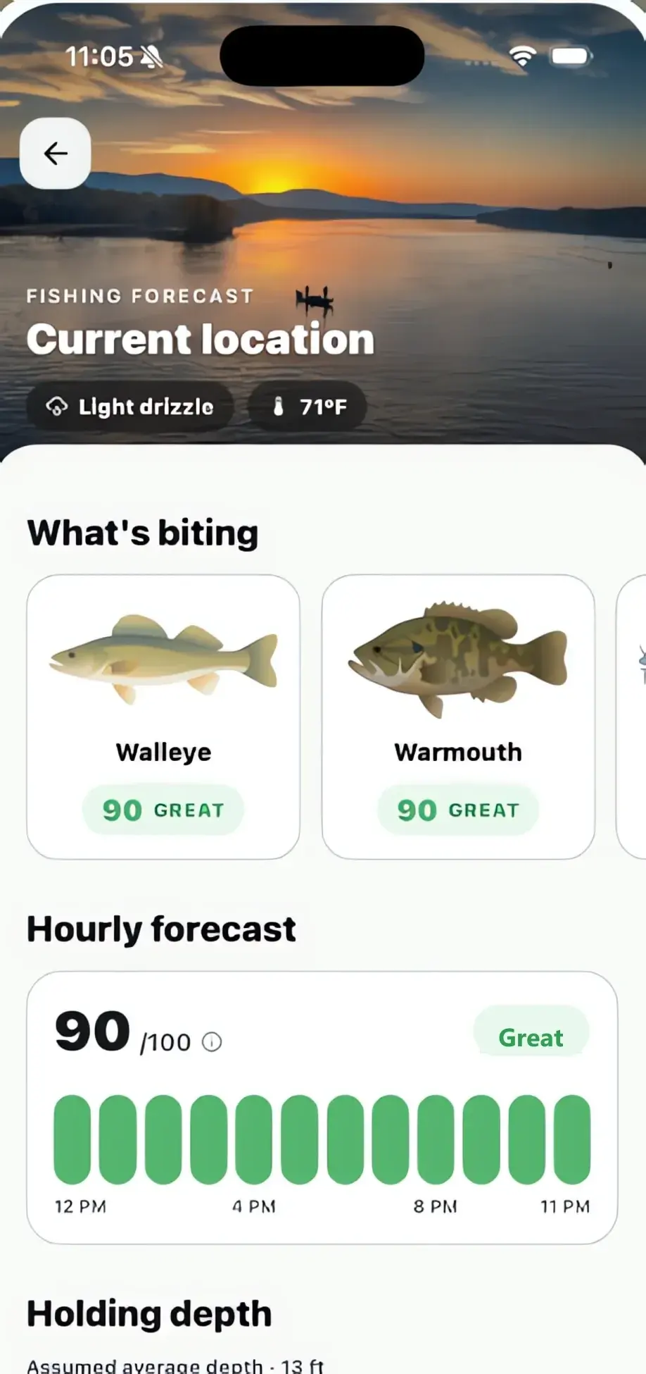 Tacklbox hourly bite forecast — a 90 out of 100 score with a per-hour breakdown