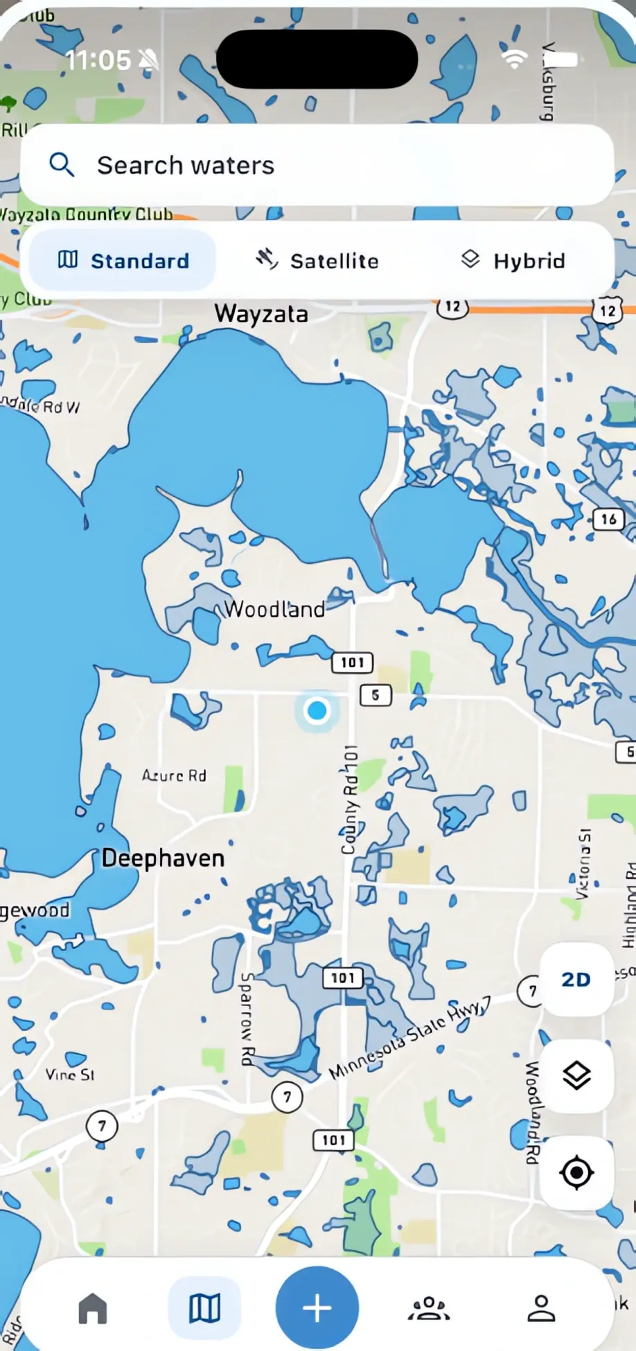 Tacklbox water map showing nearby lakes with search and map layer controls